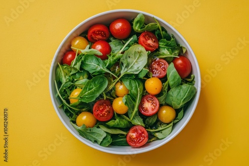 A Bowl of Fresh Salad with Cherry Tomatoes and Spinach on a Yellow Background