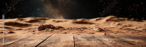 A desert scene with a wooden floor and a large rock. The sky is dark and the stars are visible