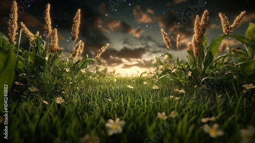 Fototapeta Naklejka Na Ścianę i Meble -  A field of grass with flowers and a cloudy sky. The sky is dark and the grass is green