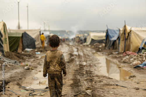 poverty and immigration concept, child in dirty refugee camp