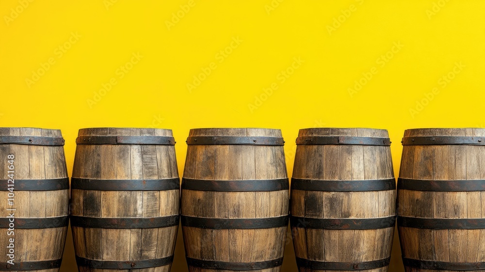 Rustic wooden barrels in a row, their natural tones contrasting with a bright yellow background. Rustic wooden barrels in a row, their natural tones contrasting with a bright yellow background.