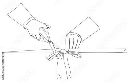 Continuous one line drawing of businessman cutting ribbon for grand opening, ribbon cutting ceremony for opening event or company concept, single line art.