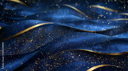 Blue background with golden lines, blue ribbon, glitter light effect and bokeh decoration. Luxury style design background