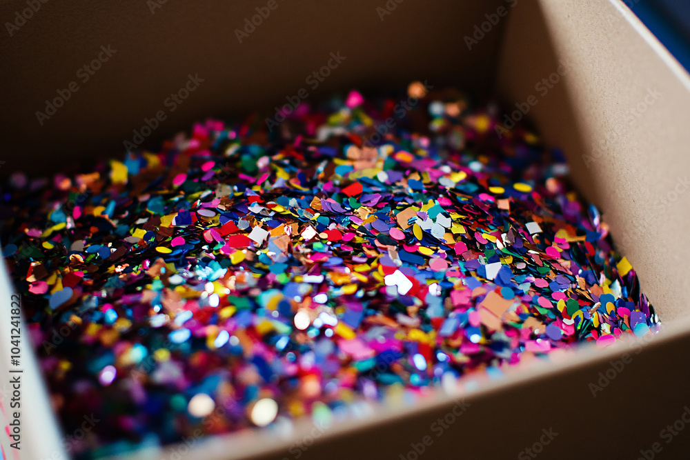 brown box with colorful confetti inside brown box with colorful confetti inside