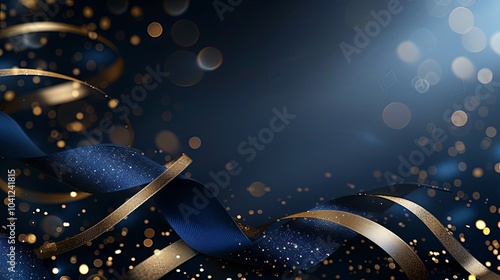 Blue background with golden lines, blue ribbon, glitter light effect and bokeh decoration. Luxury style design background