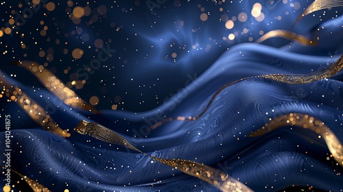 Blue background with golden lines, blue ribbon, glitter light effect and bokeh decoration. Luxury style design background