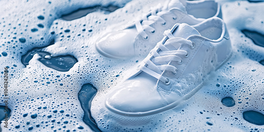 pair of white shoes sneakers washing in foam with copy space pair of white shoes sneakers washing in foam with copy space