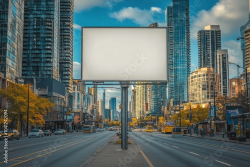 Urban Landscape with Empty Billboard Amidst Skyscrapers Signifying Opportunities in a Bustling City Setting photo