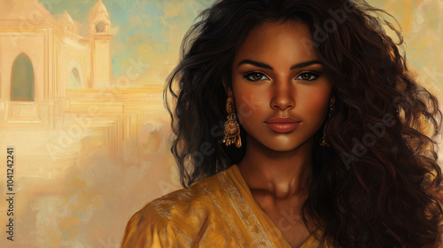 In a vibrant fantasy landscape, a woman of Indian descent stands tall, her almond-shaped eyes shimmering with a supernatural hue. Her raven-black hair, cascading down her back, con