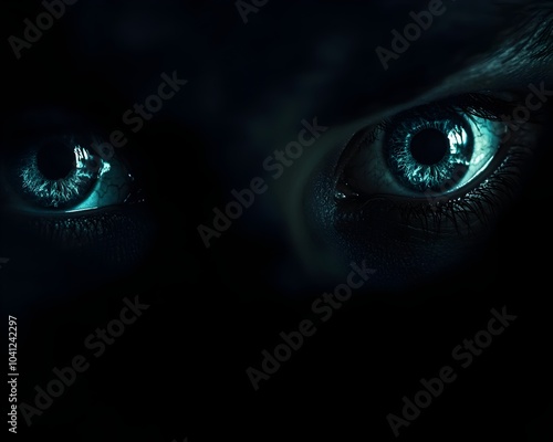 Glowing Eyes Emerging from the Dark Depths Shrouded in Mystery and Intrigue photo