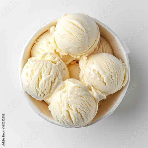 One white paper glass of decor Vanilla ice cream scoops top view isolated on a white background