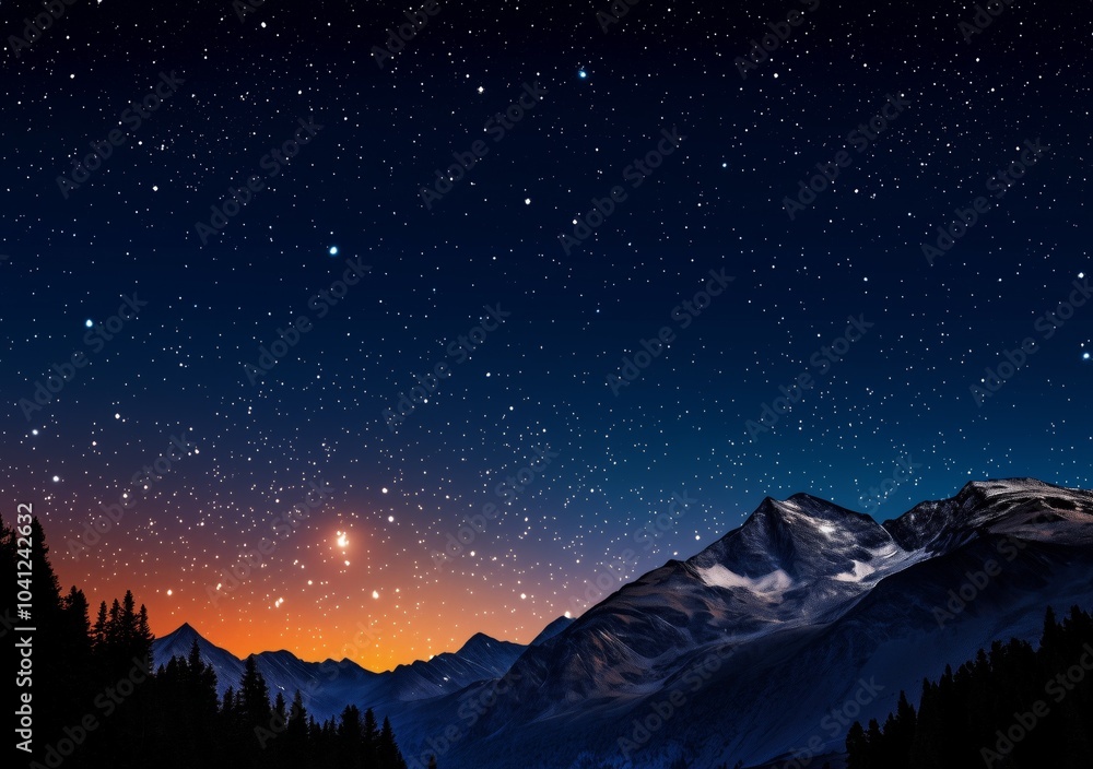 A mountain range with a clear night sky. The stars are visible and the sky is orange. The mountains are covered in snow A mountain range with a clear night sky. The stars are visible and the sky is orange. The mountains are covered in snow