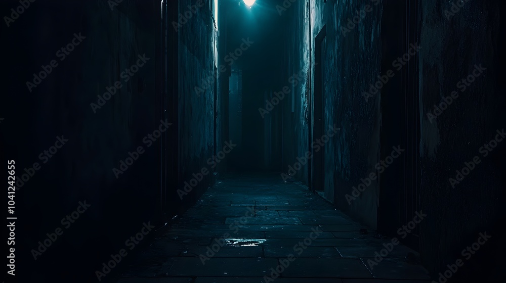 Fototapeta premium Dark Alleyway with Faint Light at the End Creating Suspenseful Atmosphere