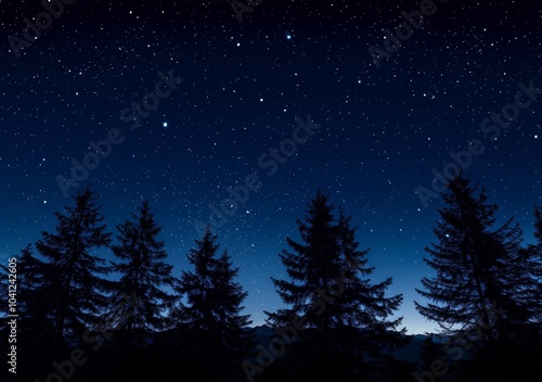 A dark sky with a few trees in the background. The sky is filled with stars. The trees are tall and are spread out