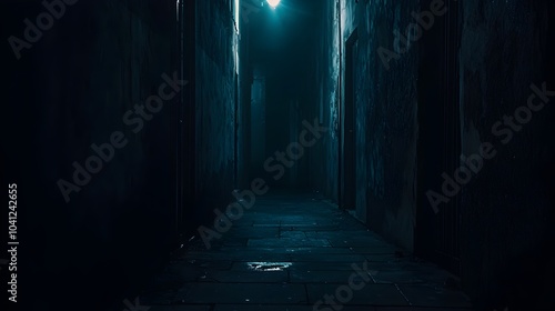 Dark Alleyway with Faint Light at the End Creating Suspenseful Atmosphere