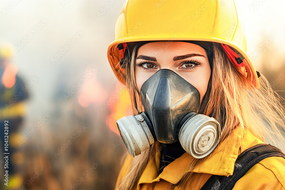 Woman firefighter wearing protective gear in smoky conditions, symbolizing courage and strength in fire rescue operations. Woman firefighter wearing protective gear in smoky conditions, symbolizing courage and strength in fire rescue operations.