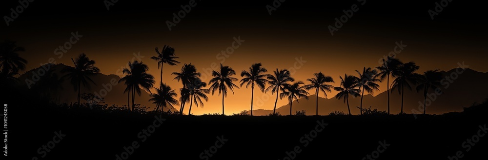 A row of palm trees are silhouetted against a dark sky. The palm trees are tall and spread out across the image A row of palm trees are silhouetted against a dark sky. The palm trees are tall and spread out across the image