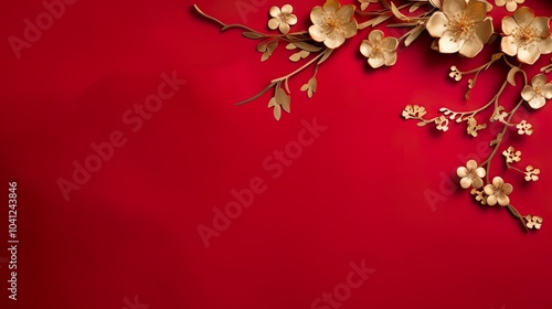 chinese gold ink  in red paper background Flat lay top view copy space