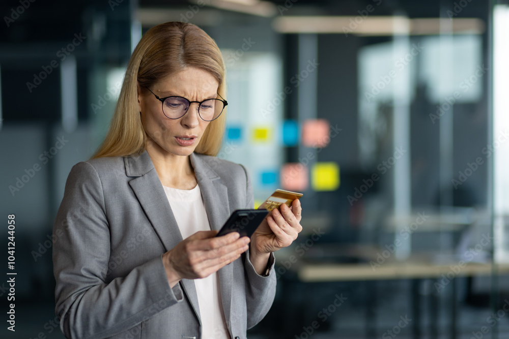 Businesswoman with glasses in office holding credit card and phone, looking concerned. Modern technology use, possible online payment issue or identity theft concept. Businesswoman with glasses in office holding credit card and phone, looking concerned. Modern technology use, possible online payment issue or identity theft concept.