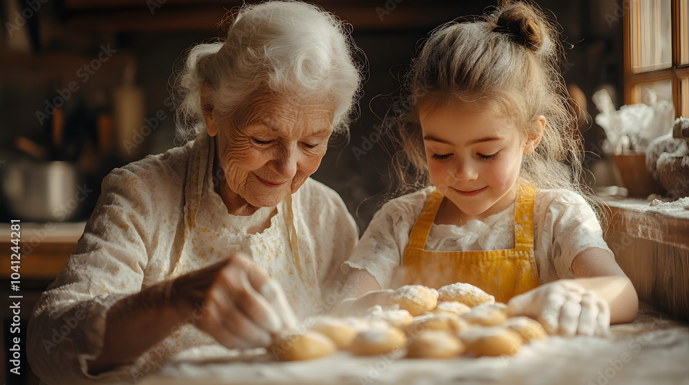 In a rustic kitchen filled with the aroma of cookies, a grandmother and her granddaughter laugh and bake together, their faces lightly dusted with flour, capturing the warmth and joy of family In a rustic kitchen filled with the aroma of cookies, a grandmother and her granddaughter laugh and bake together, their faces lightly dusted with flour, capturing the warmth and joy of family