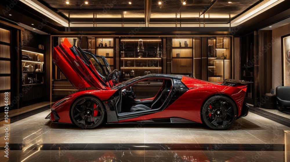 Fototapeta premium Red Sports Car with Opened Door in a Luxurious Garage