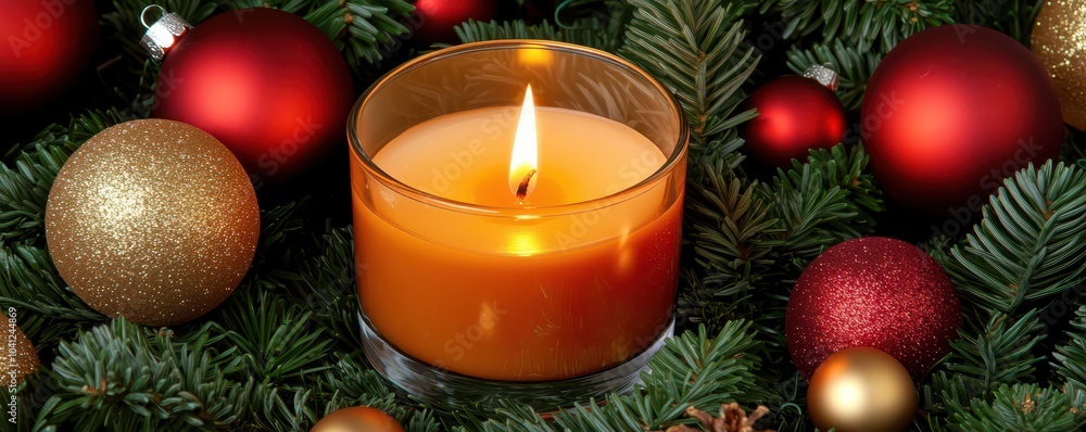 Warm glow of a Christmas candle in a glass holder, adorned with festive ornaments and shimmering garlands. Warm glow of a Christmas candle in a glass holder, adorned with festive ornaments and shimmering garlands.