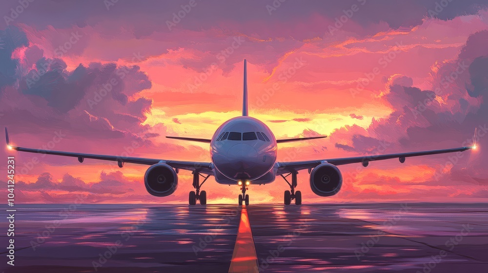 Modern Airplane on Runway at Sunset Modern Airplane on Runway at Sunset