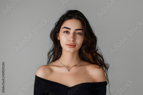 Beautiful Armenian Girl on gray background copy space