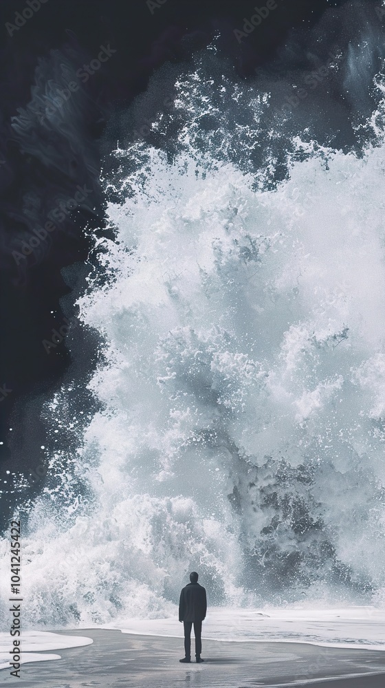 Fototapeta premium Man Facing a Giant Wave - Dramatic Seascape Photography