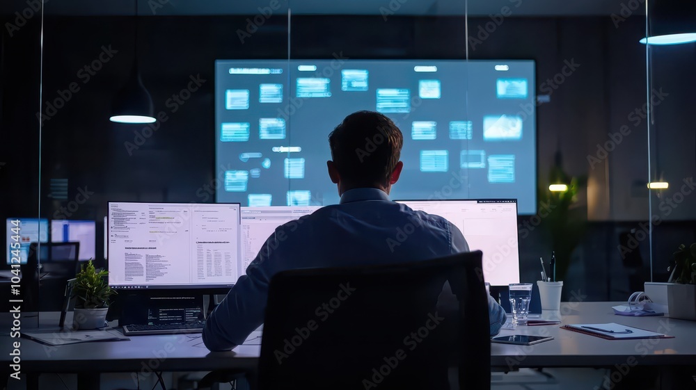 Entrepreneur guiding a dynamic team meeting in a modern, high-tech startup office filled with innovative energy. Entrepreneur guiding a dynamic team meeting in a modern, high-tech startup office filled with innovative energy.