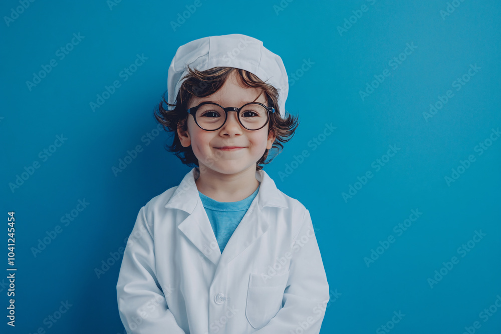 little boy in doctor clothes on blue background with copy space for text little boy in doctor clothes on blue background with copy space for text