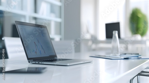 Sleek modern office interior featuring a stylish desk, laptop displaying financial charts, and smartphone showing stock market data. finance, business, success, professional,investment, innovation photo