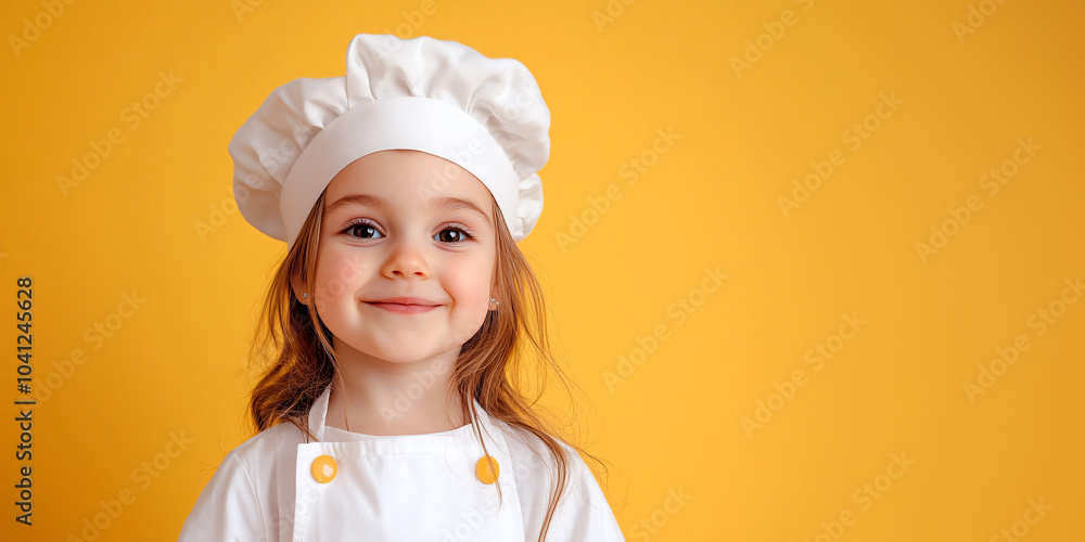 little girl in chef clothes on yellow background with copy space little girl in chef clothes on yellow background with copy space
