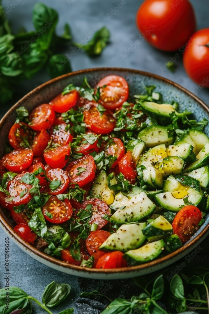 Close-up of a Salad with Tomatoes, Cucumber, and Basil Close-up of a Salad with Tomatoes, Cucumber, and Basil