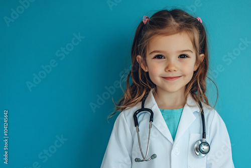 little girl in doctor clothes with stethoscope on blue