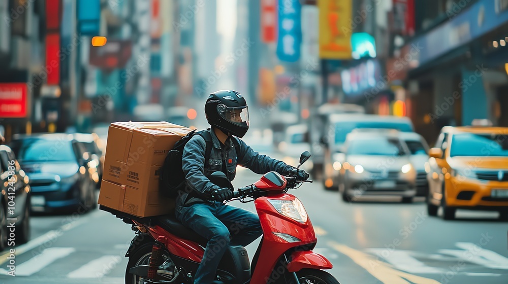 A delivery driver on a motorcycle drives through city traffic. A delivery driver on a motorcycle drives through city traffic.