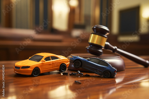 Wallpaper Mural two small toy cars crash on a desk and judges gavel on wooden table with copy space for text Torontodigital.ca