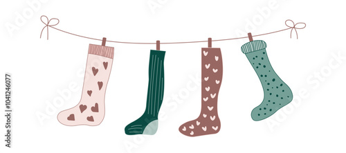 Sock on laundry rope. Christmas stocking with clothespin design isolated on white background. Wool cozy foot cloth hanging and drying. Modern xmas ornament for winter holiday with heart and stripe.