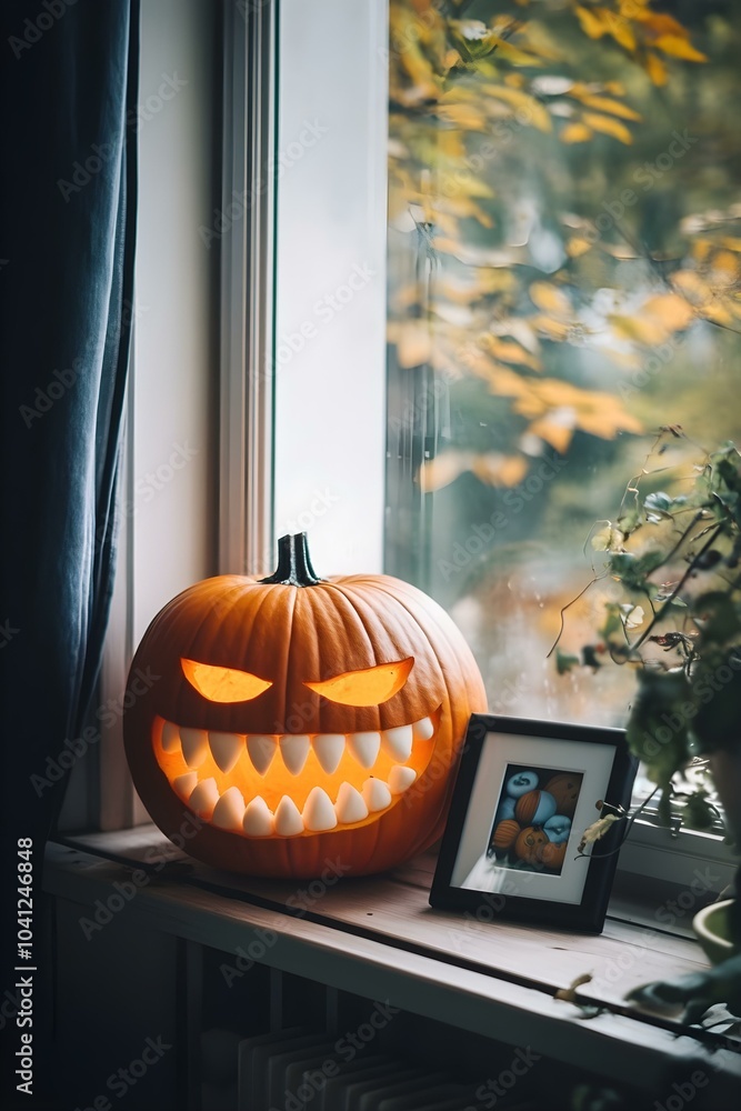 Obraz premium Carved Orange Pumpkin with a Grinning Face on the Window for Halloween