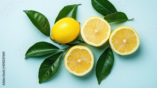 Whole and sliced lemons artfully arranged with green leaves on a pastel blue background, symbolizing freshness.