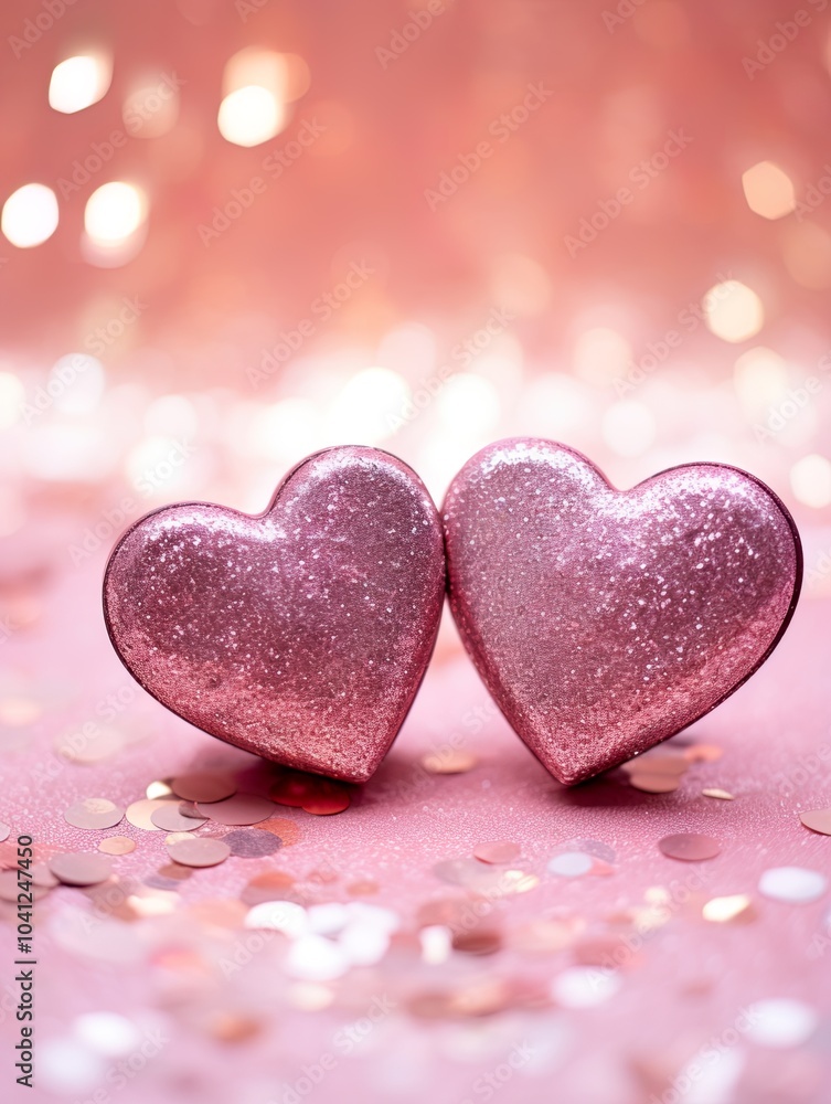 Obraz premium Valentines day festive background with two hearts In Shiny Background Valentine's Day glitter background