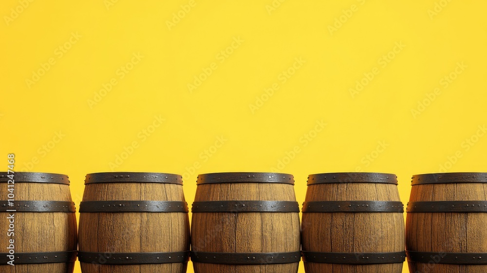 Wooden barrels in a straight row, standing out sharply against a solid yellow backdrop. Wooden barrels in a straight row, standing out sharply against a solid yellow backdrop.