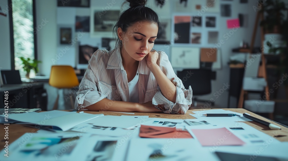 Fototapeta premium A young woman is working at a desk in a creative space.