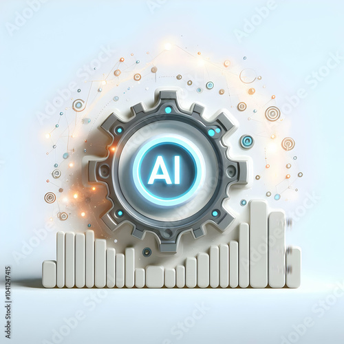 3D Glowing AI Gear Minimalist Frame with Floating Growth Data Streams for Tech Business Content, Isolated Icon on White Background, Ideal for Innovative Digital Solutions and Modern Business Applicati photo