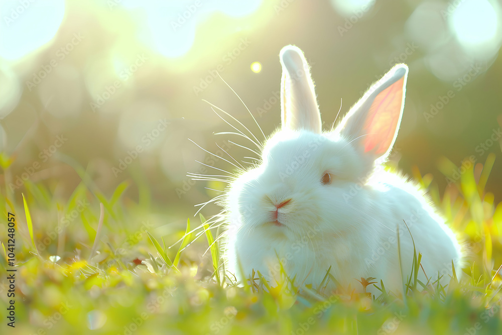 Obraz premium Charming White Bunny in a Lush Green Field at Sunset 