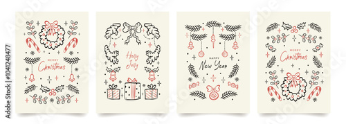 Hand drawn Merry Christmas vintage card set. Xmas design with Christmas tree, bows and ribbons, gifts, toys and stars, snowflakes. Minimalist posters in cute doodle style. Perfect for cover, banner.
