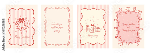 Hand drawn ink drawing Merry Christmas vintage card set. Xmas frames with ribbons and bows, christmas wreath, gifts, christmas lights garland. Minimalist posters in coquette doodle style.