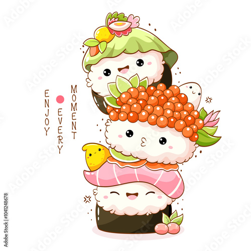 Stack of cute sushi and rolls in kawaii style with smiling faces. Japanese traditional cuisine dishes. Can be used for t-shirt print, sticker, greeting card, menu design. Vector illustration EPS8  