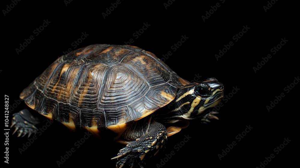 Obraz premium A turtle with a black, brown, and yellow shell looks to the right.