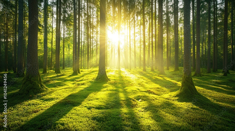 Obraz premium Sunlight Filtering Through a Lush Green Forest